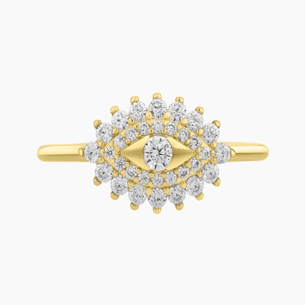 Gold Stone Size 6 Boho 925 Sterling Evil Eye Festival Ring Halo Protective Light